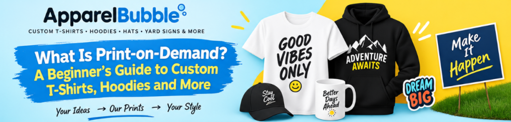 Print-on-demand custom T-shirts, hoodies, hats, stickers and yard signs