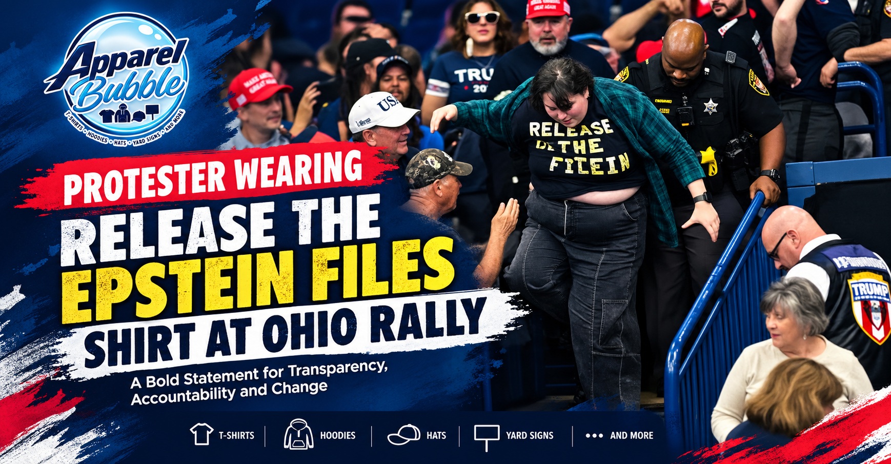 Protester Wearing Release the Epstein Files Shirt at Ohio Rally